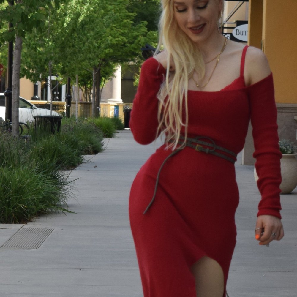 Square Neck Long Sleeve Split Sweater Dress